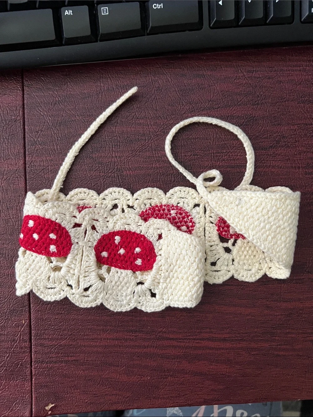 Cream Crochet Headband with Red Mushroom Accents